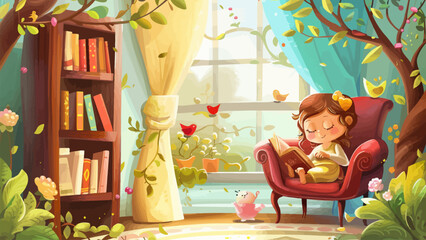 Obraz na płótnie Canvas Cute girl reading book sitting on a sofa. Beautiful landscape for children book illustration or cover book with beautiful scenery