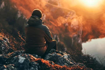 Gordijnen A hiker takes a moment to relax and appreciate the fiery sunset while sitting on a rock, wearing outdoor clothing and feeling the heat of the mountain beneath them © Radomir Jovanovic