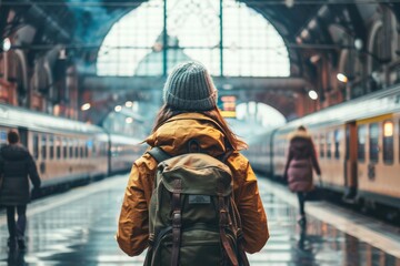 Fototapeta premium A stylish woman patiently waits for her train at the bustling station, dressed in a fashionable jacket and carrying a backpack for her city adventure