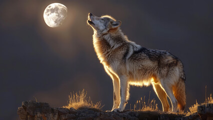 Howling gray wolf with a background of full moon. Concept of wild animal, wild life, nature. Copy space for text, advertising