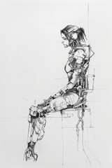 A Classic Pen Illustration: Unveiling the Narrative of a Cyborg Woman and Modern Tech on Aged Paper