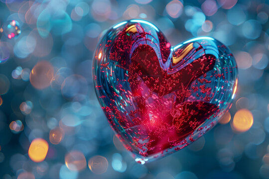 Glowing glass heart with bokeh lights symbolizing love and romance
