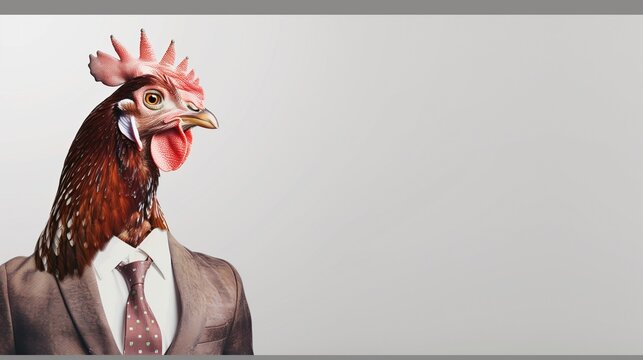 a hen wearing a suit with a tie on a plain white background on the left side of the image and the right side blank for text