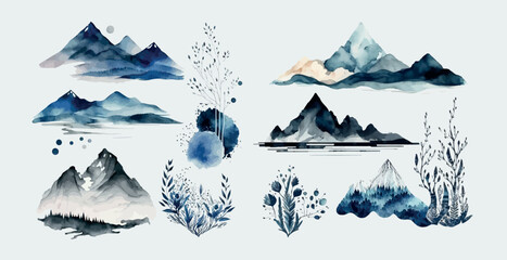 Hand-Painted Watercolor Mountain Landscapes and Botanical Elements Set: Blue Tones Nature Illustrations for Creative Design - obrazy, fototapety, plakaty