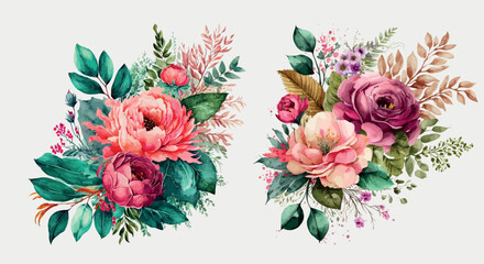 Elegant Watercolor Floral Arrangements with Lush Blooms and Foliage, Perfect for Invitations, Greetings, and Wall Art