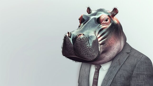 a hippopotamus wearing a suit with a tie on a plain white background on the left side of the image and the right side blank for text