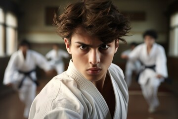 a martial arts practitioner in a karate class, his visage exuding determination and strength as he focuses on his training.