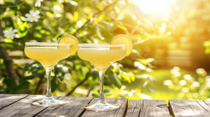 Two glasses of Daiquiri cocktail served on rustic wooden table outdoors