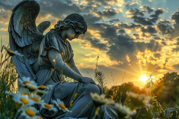 Fototapeta na wymiar A majestic outdoor sculpture of a winged woman peacefully perched in a field of vibrant flowers, basking in the warm glow of the setting sun against a beautiful cloudy sky