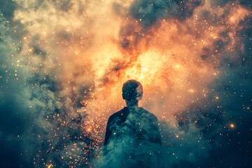 Obraz premium A person stands transfixed, their eyes locked on the rising smoke of a blazing fire