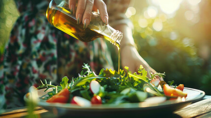 The hand of a woman with a manicure in the garden holds a bottle from which olive oil is pouring into a bowl with a healthy vegetable salad. The concept of healthy eating.  - obrazy, fototapety, plakaty