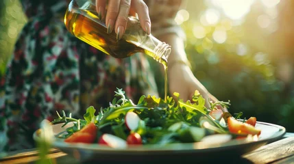 Foto auf Acrylglas The hand of a woman with a manicure in the garden holds a bottle from which olive oil is pouring into a bowl with a healthy vegetable salad. The concept of healthy eating.  © Oleksandr Panasovsky