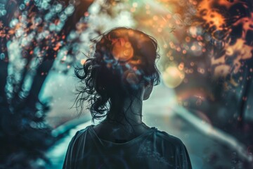 A woman gazes in awe at the blinding light, her face illuminated with wonder and curiosity, captured in a screenshot of a captivating outdoor moment