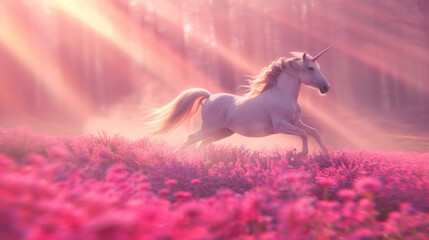 Magic unicorn in blossoming field, fairytale atmosphere