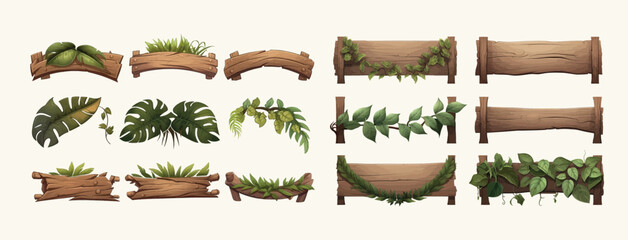 Set old wooden boards decorated leaves liana. Cartoon set of wooden panels, wooden boards and direction signs with plants in forest isolated on white background