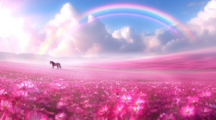 Naklejka premium Magic unicorn in blossoming meadow, fairytale atmosphere