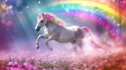 Naklejka premium Magic unicorn in blossoming meadow, fairytale atmosphere