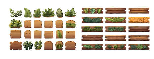 Various jungle wooden boards flat icon set.  Cartoon set of wooden panels, wooden boards and direction signs with plants in forest isolated on white background