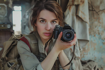 female war correspondent, woman dangerous and difficult work, risky situations and places, threat to life, journalist at conflict zone, destroyed buildings, without camouflage, intense scared look