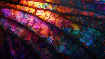 Obraz premium Multi-colored psychedelic fantastic dragonfly wing texture, microscopic image