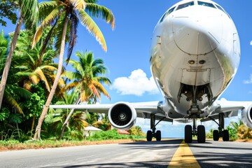 A large airliner sits on a road surrounded by palm trees, its powerful jet engines hinting at the excitement of air travel and the vastness of the sky above