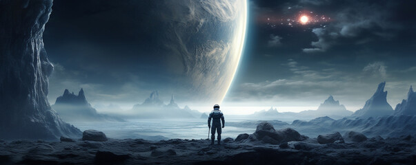 Lunar An astronaut standing on the moons surface, Earth rising in the background, a moment of...