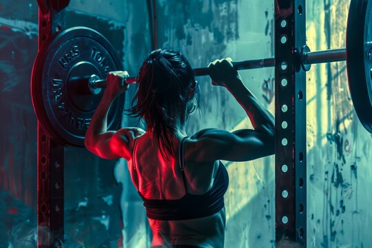 A determined woman confidently lifts a barbell while sporting workout clothing