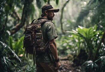 Fototapeta premium Rogue adventurer, backpack and rugged appearance, turist in the forest
