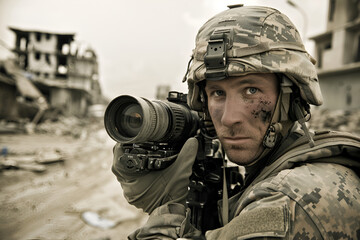 Fototapeta premium war correspondent, dangerous and difficult work, photographer in risky situations and places, threat to life, journalist at conflict zone in bulletproof vest and a helmet, destroyed buildings
