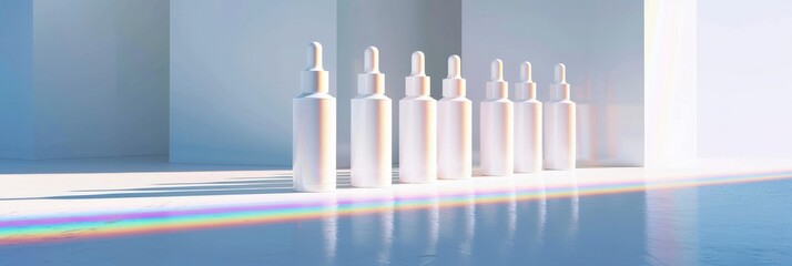 product shot of a line of premium white airless bottles with white caps as wide as the bottles, stretching to the horizon in a white limbo, rainbow reflection - obrazy, fototapety, plakaty
