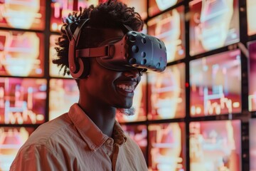A smiling man stands indoors wearing a virtual reality headset, his face obscured by the technology and glasses, creating a unique fusion of human and digital art
