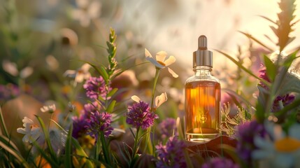 Obraz na płótnie Canvas Cosmetic dropper bottle mockup A glass bottle with aromatic oil or serum with flowers near. Skin care essential oil bottle with dropper product mockup