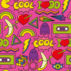 Seamless 90s symbol pattern. Vintage 80s seamless background. Funky style endless print. Vibrant wallpaper with trendy print. Cassette, love hearts, rainbow, icons, game, banana, I love 90s. 