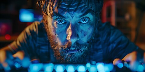 Gamer intensely focused playing video games on illuminated mechanical keyboard. Concept Gaming Setup, Mechanical Keyboard, Intense Focus, Video Game Enthusiast, Illuminated Keyboard