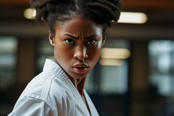 a Female karate student as she displays a fierce expression, fully committed to her practice in the Gym and Fighting Class - obrazy, fototapety, plakaty