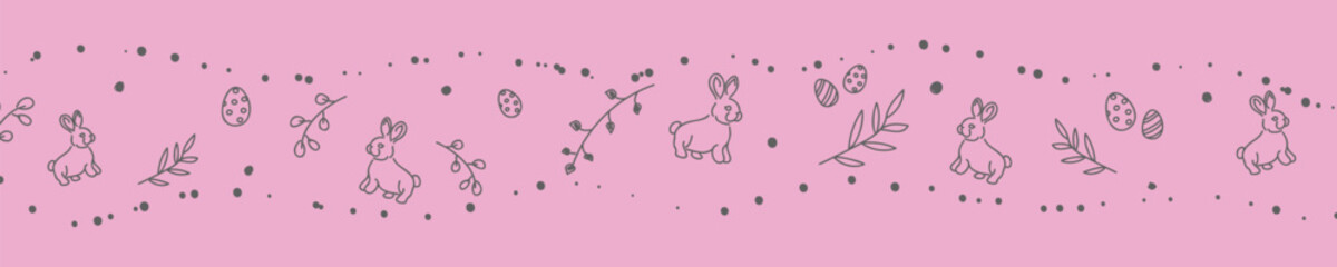 Vector. Cute hand drawn Easter horizontal background with bunnies, easter eggs. Festive background with Easter linear symbols. Copy space for text. Design cards, banners and other promotional items.