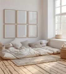 Children's Room with Mock-Up Frame and Natural Wooden Furniture, Presented in 3D Render. Made with Generative AI Technology