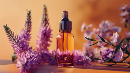 Cosmetic dropper bottle mockup A glass bottle with aromatic oil or serum with flowers near. Skin care essential oil bottle with dropper product mockup