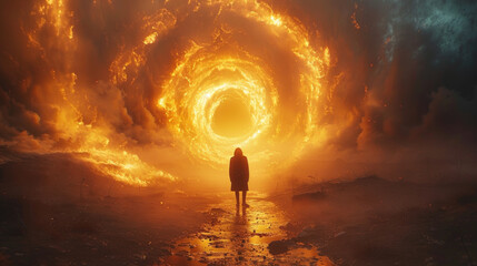 Man entering unknown yellow glowing portal, afterlife experience concept