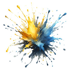 A blue and yellow watercolor splash creates a burst of color on a crisp white background.