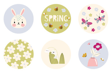 Cute spring illustrations with rabbit, flowers, goose, ram. Easter. Round stickers for decorating children's birthdays and themed parties. A set of decorations for a candy bar.