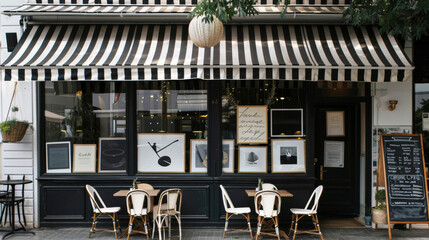 A black and white striped awning shades the outdoor seating area of this cafe which features bistrostyle chairs and small round tables. Inside the walls are adorned with black