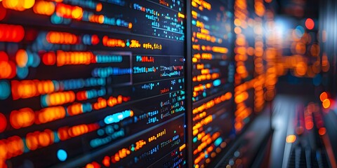 Macro view of glowing binary code on two computer screens. Concept Technology, Computer Screens, Binary Code, Macro View, Glowing Effects