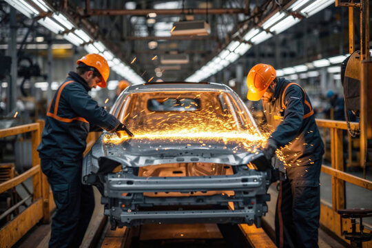 Workers in safety gear welding a car body in an automobile factory