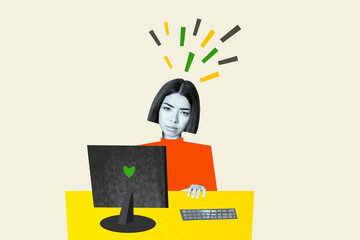 Creative collage picture sitting young woman employee tired exhausted overwhelmed worker require rest retreat pause migraine headache