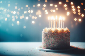 Birthday cake with frosting and birthday candles ready for a birthday party, colored background with bokeh.