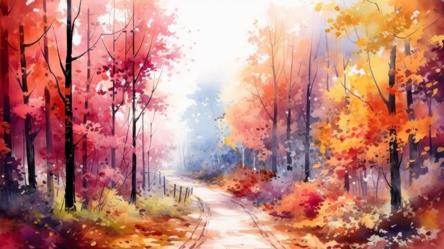 Colorful autumn forest watercolor painting - Vibrant watercolor painting depicting a forest trail amid colorful autumn trees and foliage