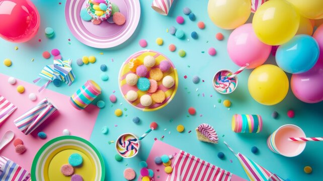 Colorful party supplies on blue background - Image of various colorful party supplies like balloons, candies, and confetti, arranged on a bright blue background