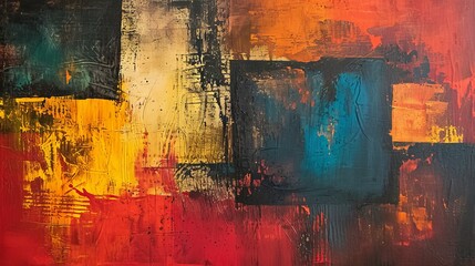 Abstract background painted with red, yellow, blue and black colors
