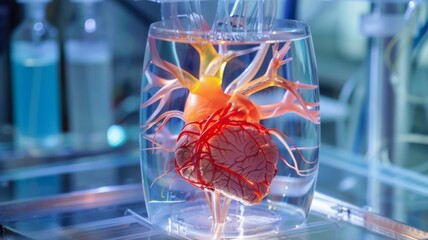 3D human heart in laboratory glass - An anatomically correct human heart displayed inside a glass like a specimen, emphasizing medical research